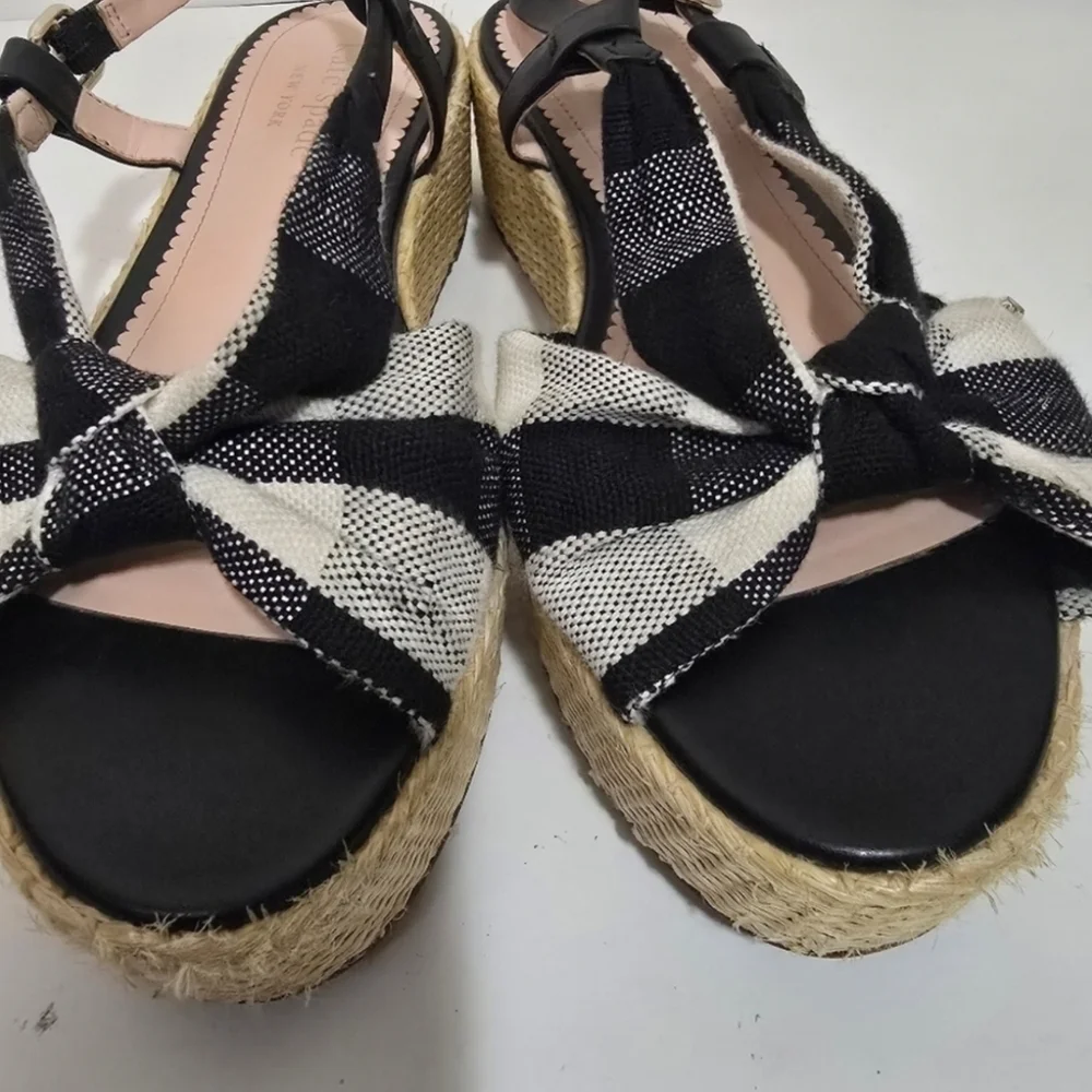 Kate Spade Black White Brown Plaid Bow Front Espadrille wedge sandals